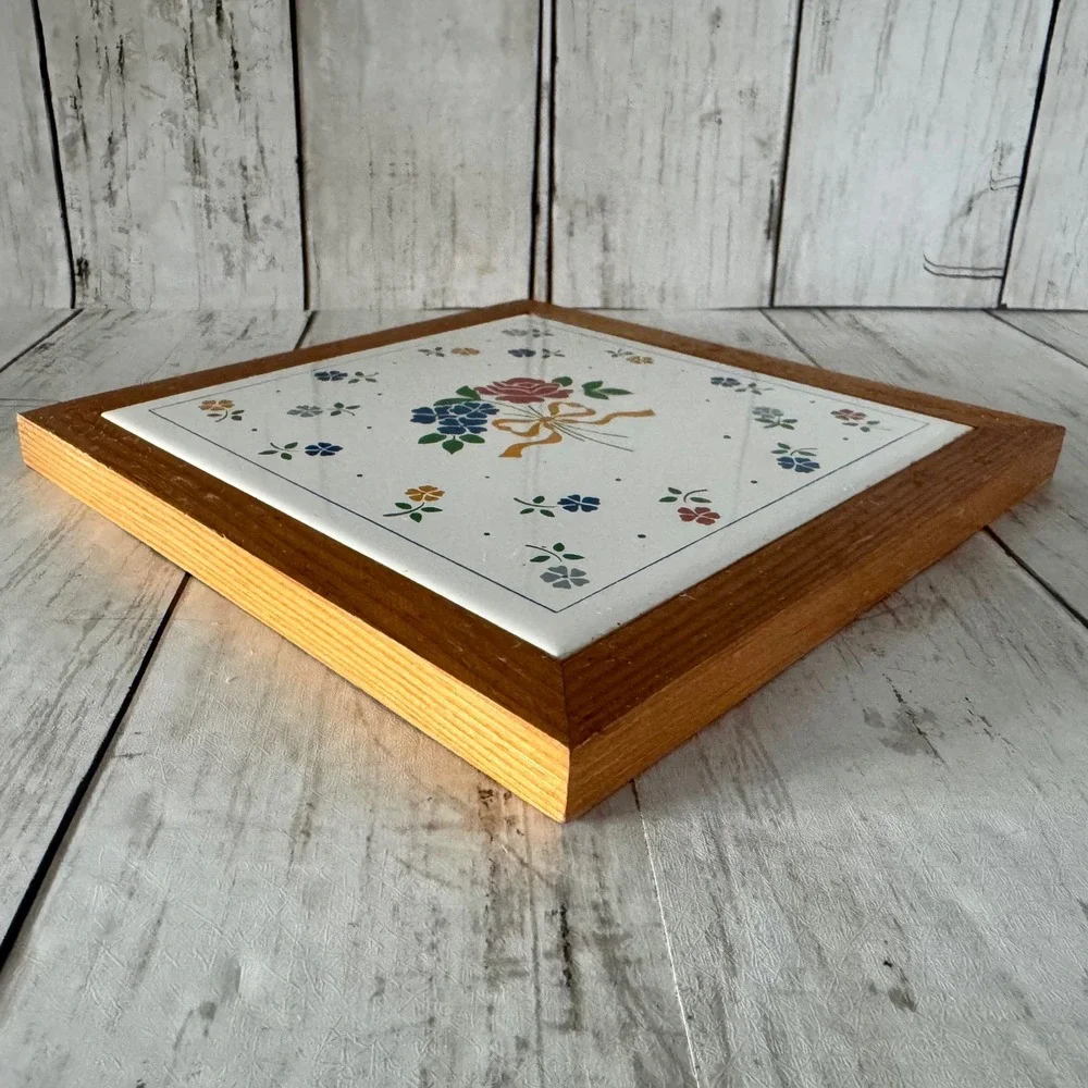 Vintage Floral Ceramic Tile Wall Hanging Wood Frame Country Cottagecore Decor